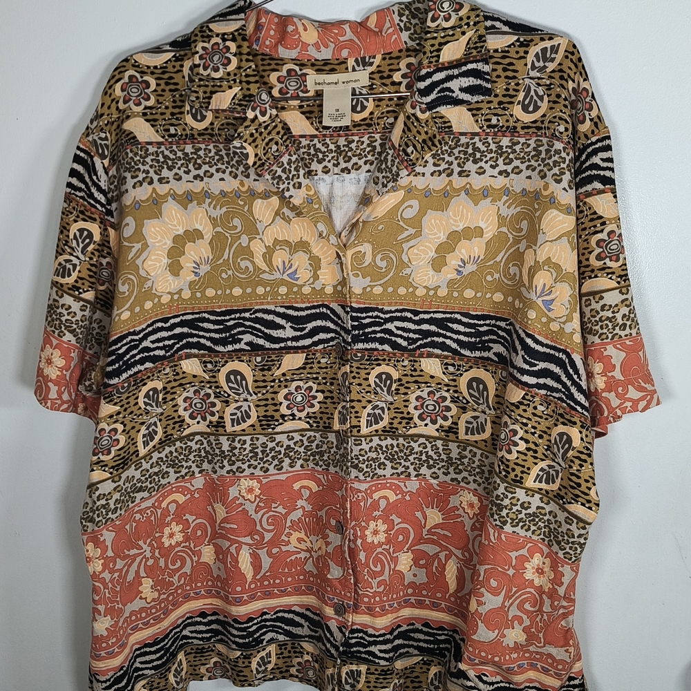 Bechamel Woman Linen Blend Floral Stripe Button Down Shirt Plus 1X Boho Art.